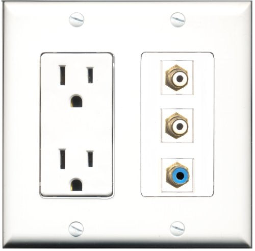 RiteAV - 15 Amp Power Outlet 2 Port RCA White 1 Port RCA Blue Decorative Wall Plate