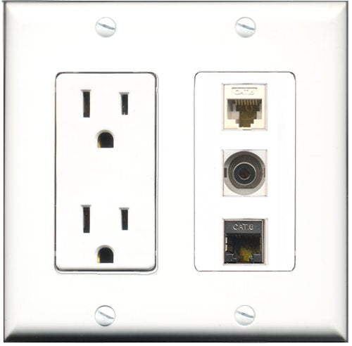 RiteAV - 15 Amp Power Outlet 1 Port Shielded Cat6 Ethernet Ethernet 1 Port 3.5mm 1 Port Cat6 Ethernet Ethernet White Decorative Wall Plate