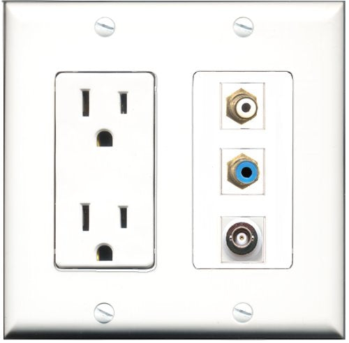 RiteAV - 15 Amp Power Outlet 1 Port RCA White 1 Port RCA Blue 1 Port BNC Decorative Wall Plate