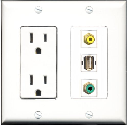 RiteAV - 15 Amp Power Outlet 1 Port RCA Yellow 1 Port RCA Green 1 Port USB A-A Decorative Wall Plate