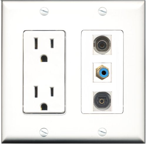 RiteAV - 15 Amp Power Outlet 1 Port RCA Blue 1 Port Toslink 1 Port 3.5mm Decorative Wall Plate