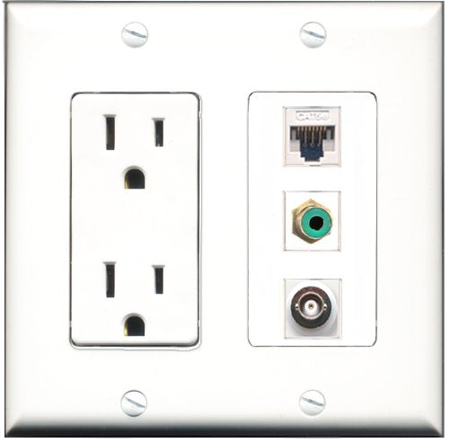 RiteAV - 15 Amp Power Outlet 1 Port RCA Green 1 Port BNC 1 Port Cat5e Ethernet White Decorative Wall Plate
