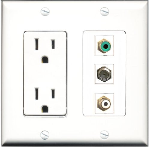 RiteAV - 15 Amp Power Outlet 1 Port RCA White 1 Port RCA Green 1 Port Coax Decorative Wall Plate