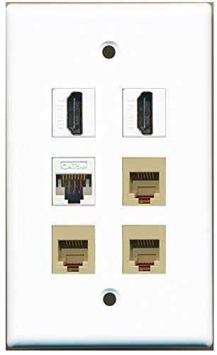 RiteAV - 2 HDMI 3 Port Phone RJ11 RJ12 Beige 1 Port Cat5e Ethernet White Wall Plate