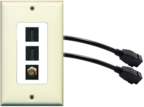 RiteAV (1 Gang Decorative) 2 HDMI Black Coax Wall Plate w/ Pigtail Extension Cable Light Almond on White