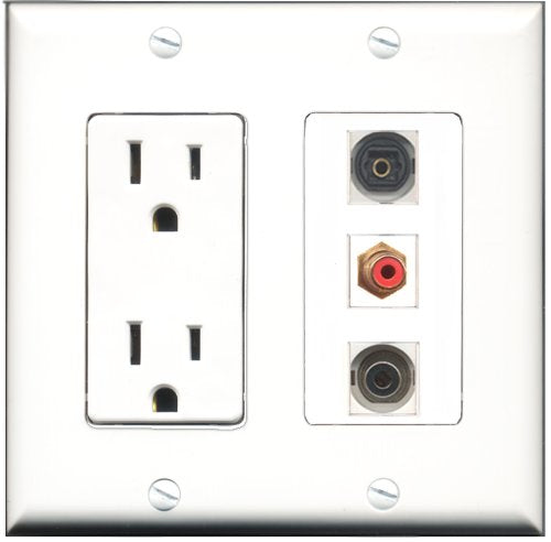 RiteAV - 15 Amp Power Outlet 1 Port RCA Red 1 Port Toslink 1 Port 3.5mm Decorative Wall Plate