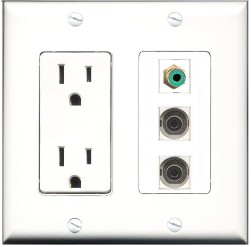RiteAV - 15 Amp Power Outlet 1 Port RCA Green 2 Port 3.5mm Decorative Wall Plate