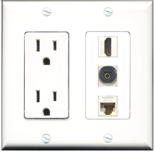 RiteAV - 15 Amp Power Outlet 1 Port HDMI 1 Port Toslink 1 Port Cat6 Ethernet Ethernet White Decorative Wall Plate