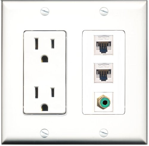 RiteAV - 15 Amp Power Outlet 1 Port RCA Green 2 Port Cat5e Ethernet White Decorative Wall Plate
