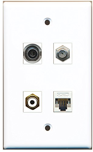 RiteAV - 1 Port RCA White 1 Port Coax Cable TV- F-Type 1 Port 3.5mm 1 Port Cat5e Ethernet White Wall Plate