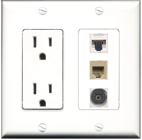 RiteAV - 15 Amp Power Outlet 1 Port Phone Beige 1 Port Toslink 1 Port Cat5e Ethernet White Decorative Wall Plate