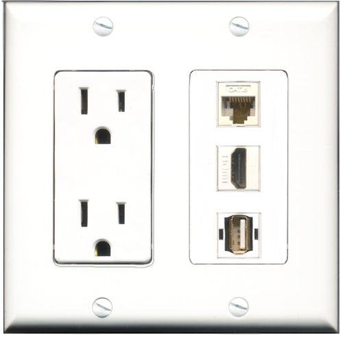 RiteAV - 15 Amp Power Outlet 1 Port HDMI 1 Port USB A-A 1 Port Cat6 Ethernet Ethernet White Decorative Wall Plate
