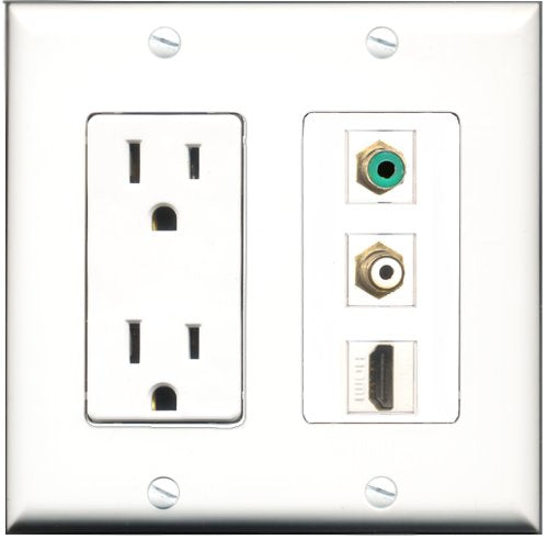 RiteAV - 15 Amp Power Outlet 1 Port HDMI 1 Port RCA White 1 Port RCA Green Decorative Wall Plate