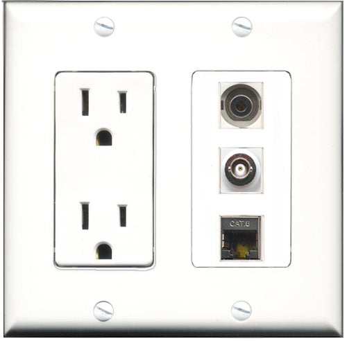 RiteAV - 15 Amp Power Outlet 1 Port Shielded Cat6 Ethernet Ethernet 1 Port 3.5mm 1 Port BNC Decorative Wall Plate