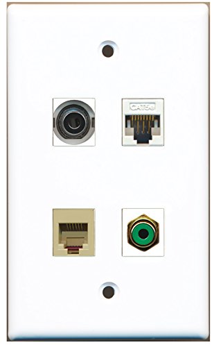 RiteAV - 1 Port RCA Green 1 Port Phone RJ11 RJ12 Beige 1 Port 3.5mm 1 Port Cat5e Ethernet White Wall Plate