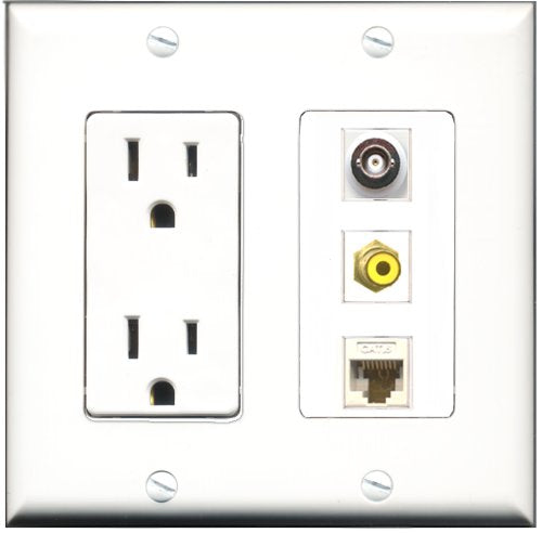 RiteAV - 15 Amp Power Outlet 1 Port RCA Yellow 1 Port BNC 1 Port Cat6 Ethernet Ethernet White Decorative Wall Plate