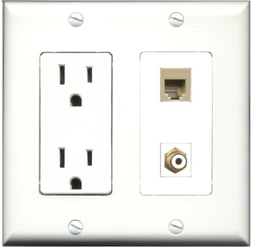 RiteAV - 15 Amp Power Outlet and 1 Port RCA White and 1 Port Phone RJ11 RJ12 Beige Decorative Type Wall Plate White