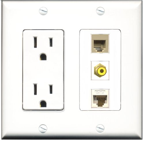 RiteAV - 15 Amp Power Outlet 1 Port RCA Yellow 1 Port Phone Beige 1 Port Cat6 Ethernet Ethernet White Decorative Wall Plate
