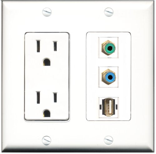 RiteAV - 15 Amp Power Outlet 1 Port RCA Green 1 Port RCA Blue 1 Port USB A-A Decorative Wall Plate