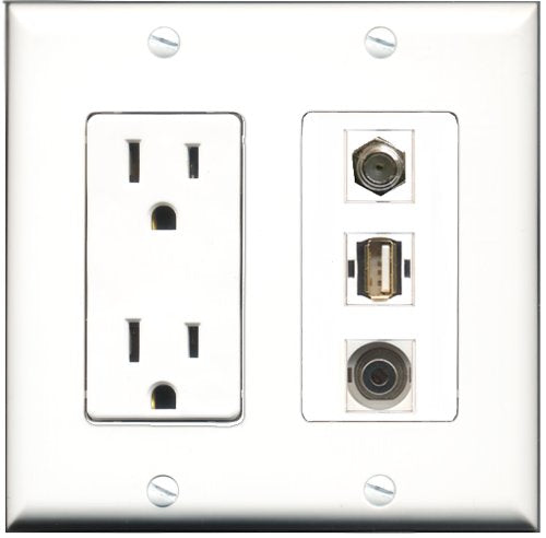 RiteAV - 15 Amp Power Outlet 1 Port Coax 1 Port USB A-A 1 Port 3.5mm Decorative Wall Plate