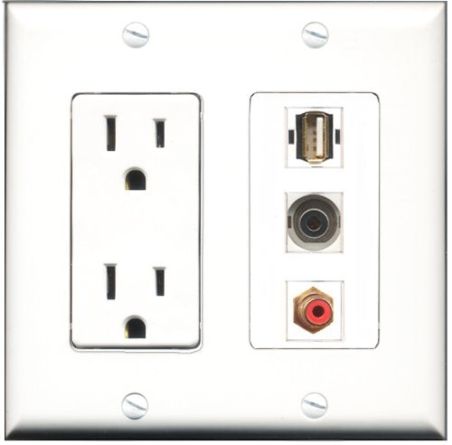RiteAV - 15 Amp Power Outlet 1 Port RCA Red 1 Port USB A-A 1 Port 3.5mm Decorative Wall Plate