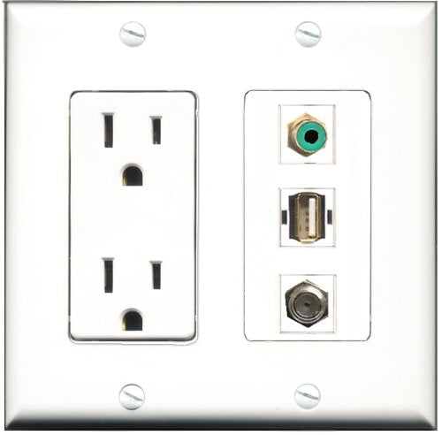 RiteAV - 15 Amp Power Outlet 1 Port RCA Green 1 Port Coax 1 Port USB A-A Decorative Wall Plate