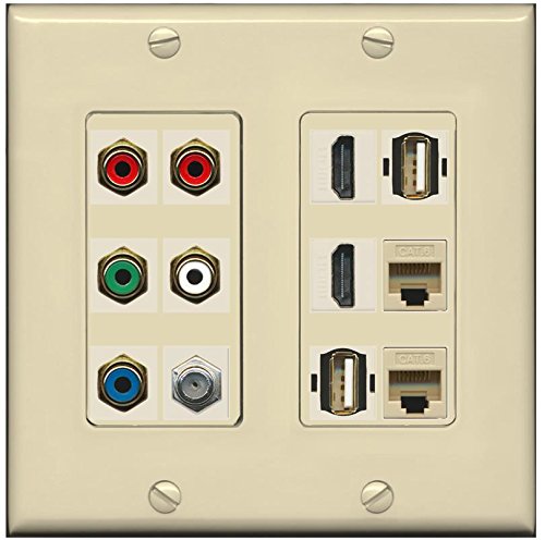 RiteAV (2 Gang Decorative) Component RGB 2 USB HDMI Cat6 Coax Wall Plate Ivory