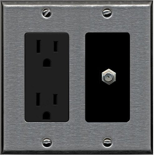 RiteAV - 15 Amp Power Outlet and 1 Port Coax Cable TV- F-Type Decorative Type Wall Plate - Stainless/Black