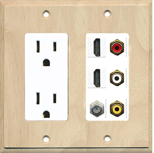 RiteAV - 2 x 15 Amp 125V Power Outlet 3 x RCA - 2 X HDMI and 1 x Coax Cable TV Port Wall Plate - Wood/White