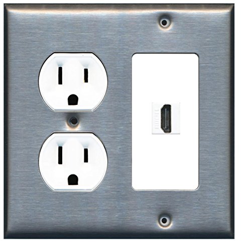 RiteAV (2 Gang Decorative) 15 Amp Round Power Outlet HDMI TV Wall Plate - Stainless Steel/White