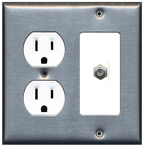 RiteAV (2 Gang Decorative) 15 Amp Round Power Outlet Coax Cable TV Wall Plate - Stainless Steel/White
