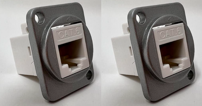 Cat 6 D Series Chassis Panel Mount Connector Pass Through Solderless Bulkhead Coupler, Silver Metal Housing/White Cat 6