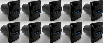 USB 3.0 A-type Female D Series Heavy Duty Chassis Panel Mount Connector Pass Through Solderless Bulkhead Coupler, Black Metal Housing/Straight Exit
